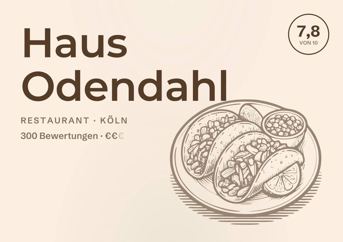 Illustriertes Poster von Haus Odendahl, Restaurant in Köln: Bewertung 7,8 von 10 aus 300 Bewertungen, Preisniveau €€