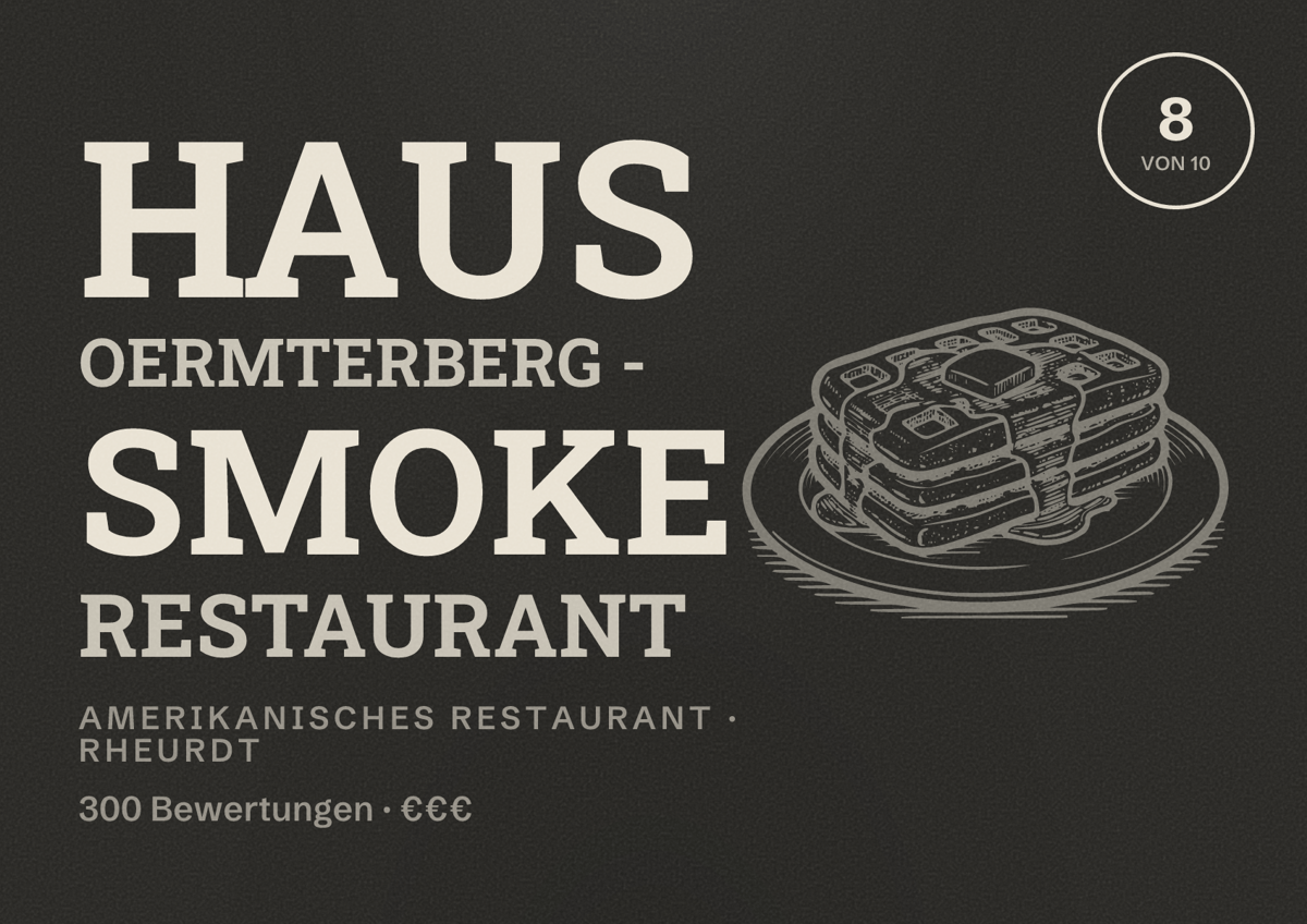 Illustriertes Poster von Haus Oermterberg - Smoke Restaurant, Amerikanisches Restaurant in Rheurdt: Bewertung 8 von 10 aus 300 Bewertungen, Preisniveau €€€