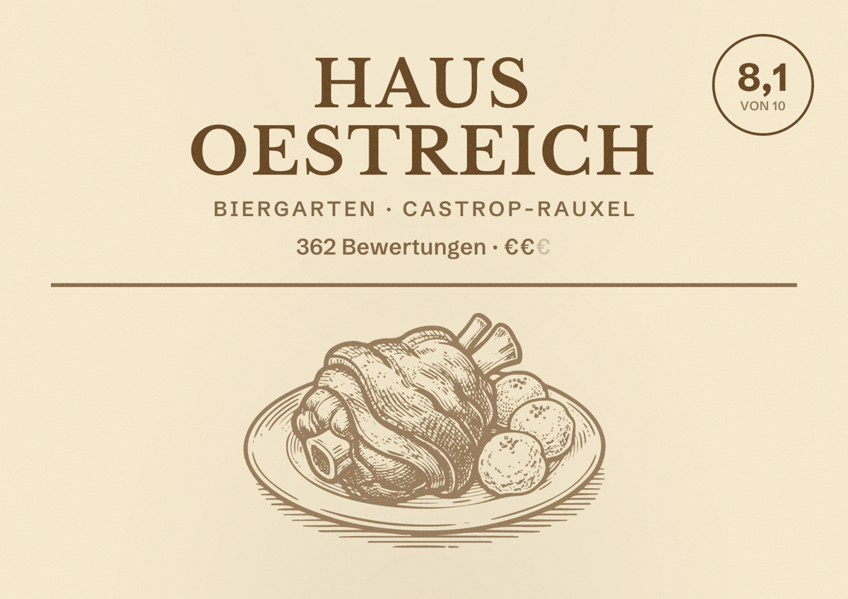 Illustriertes Poster von Haus Oestreich, Biergarten in Castrop-Rauxel: Bewertung 8,1 von 10 aus 362 Bewertungen, Preisniveau €€