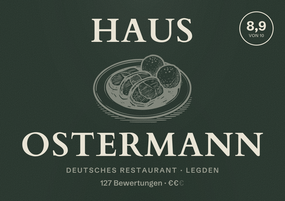Illustriertes Poster von Haus Ostermann, Deutsches Restaurant in Legden: Bewertung 8,9 von 10 aus 127 Bewertungen, Preisniveau €€