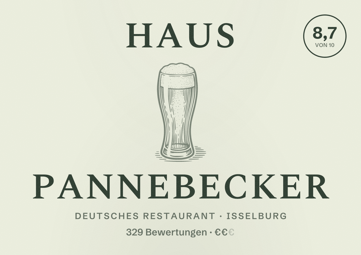 Illustriertes Poster von Haus Pannebecker, Deutsches Restaurant in Isselburg: Bewertung 8,7 von 10 aus 329 Bewertungen, Preisniveau €€