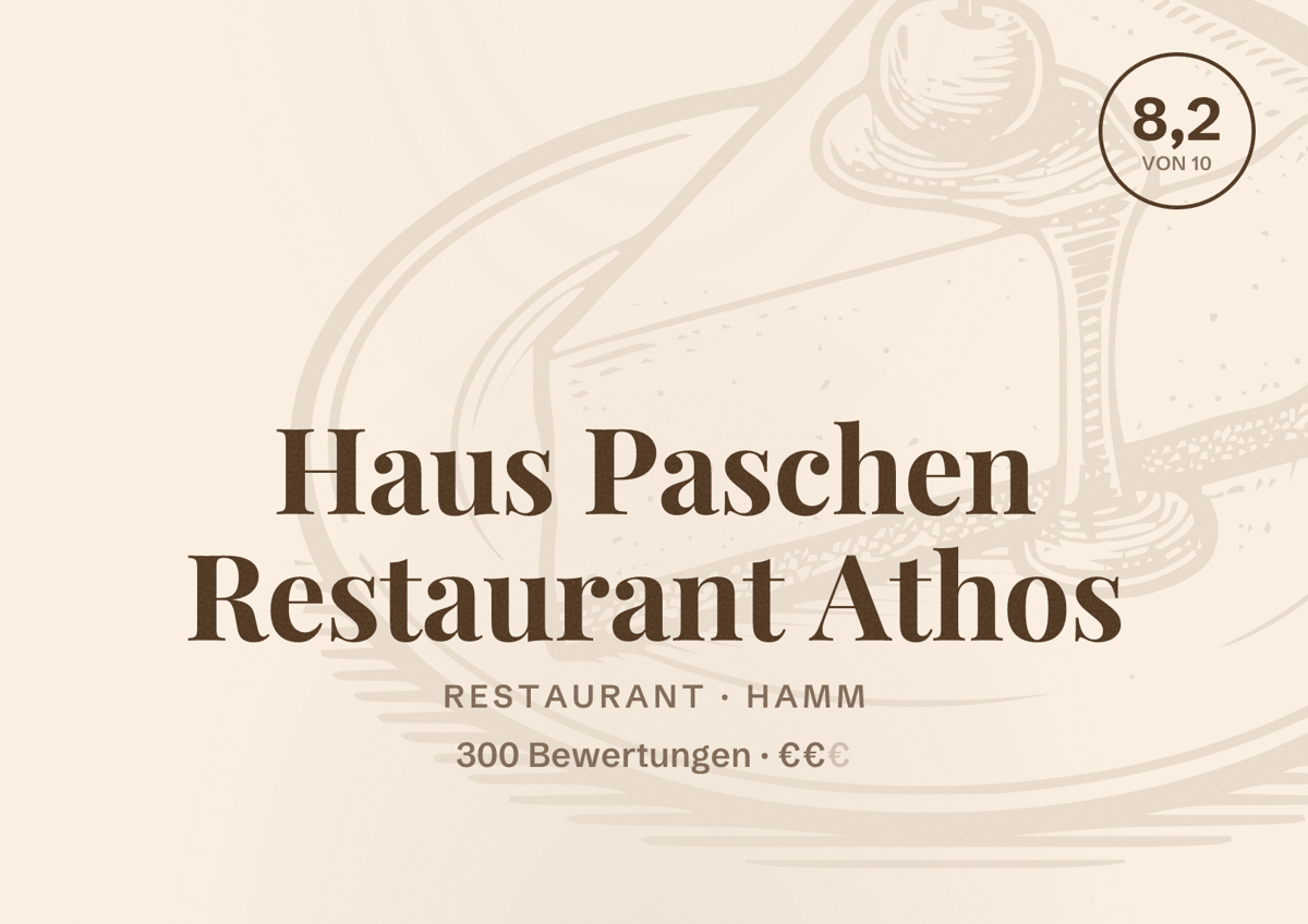 Illustriertes Poster von Haus Paschen Restaurant Athos, Restaurant in Hamm: Bewertung 8,2 von 10 aus 300 Bewertungen, Preisniveau €€