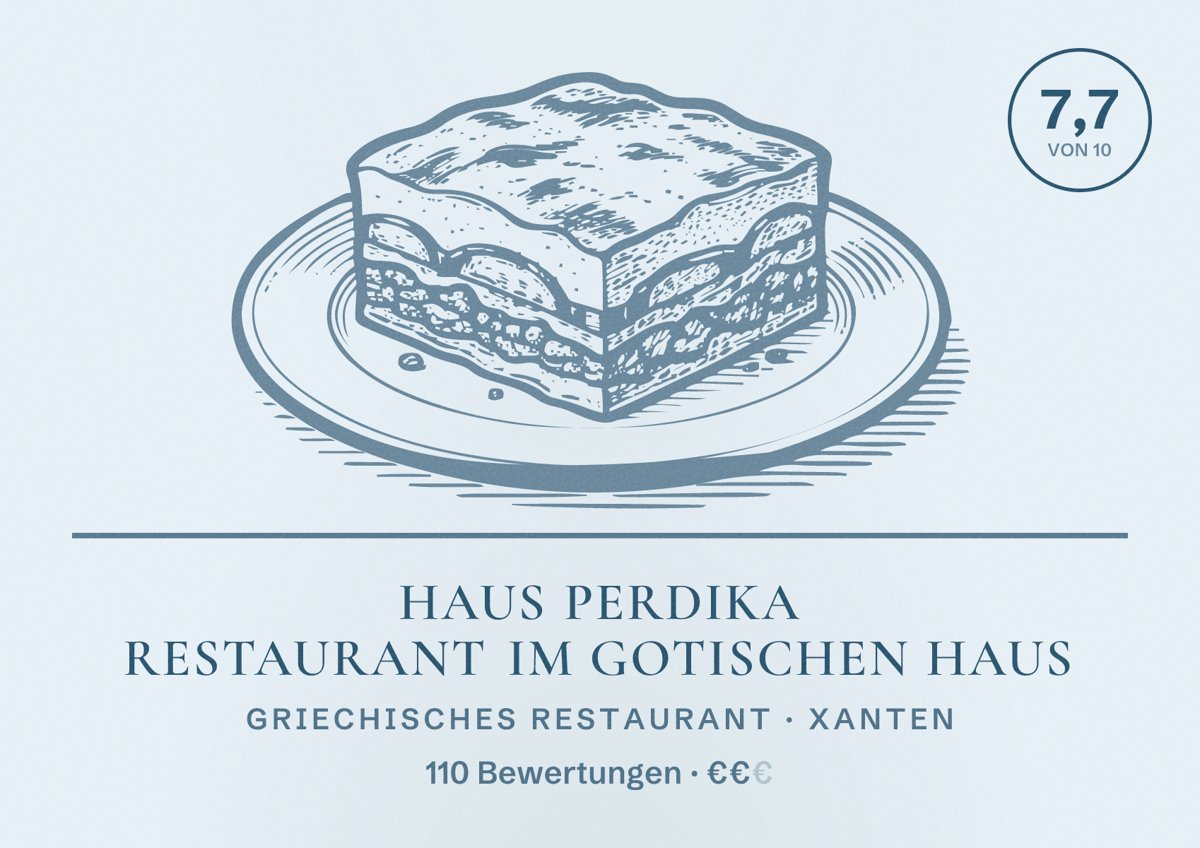 Illustriertes Poster von Haus Perdika Restaurant im Gotischen Haus, Griechisches Restaurant in Xanten: Bewertung 7,7 von 10 aus 110 Bewertungen, Preisniveau €€