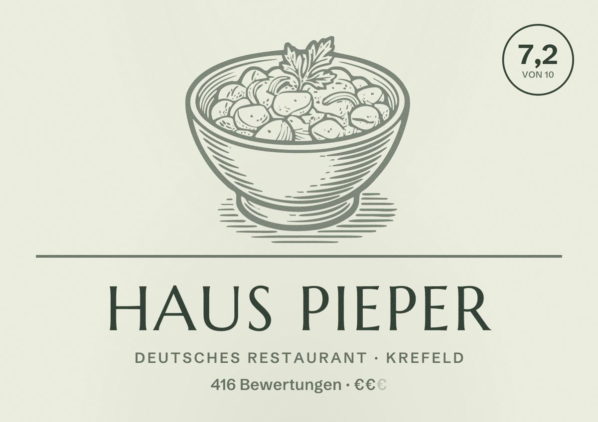 Illustriertes Poster von Haus Pieper, Deutsches Restaurant in Krefeld: Bewertung 7,2 von 10 aus 416 Bewertungen, Preisniveau €€