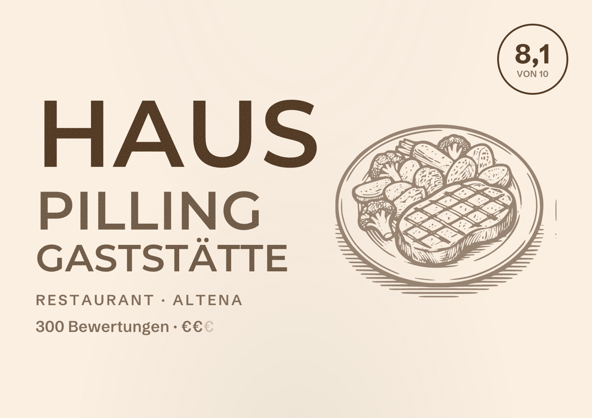 Illustriertes Poster von Haus Pilling Gaststätte, Restaurant in Altena: Bewertung 8,1 von 10 aus 300 Bewertungen, Preisniveau €€