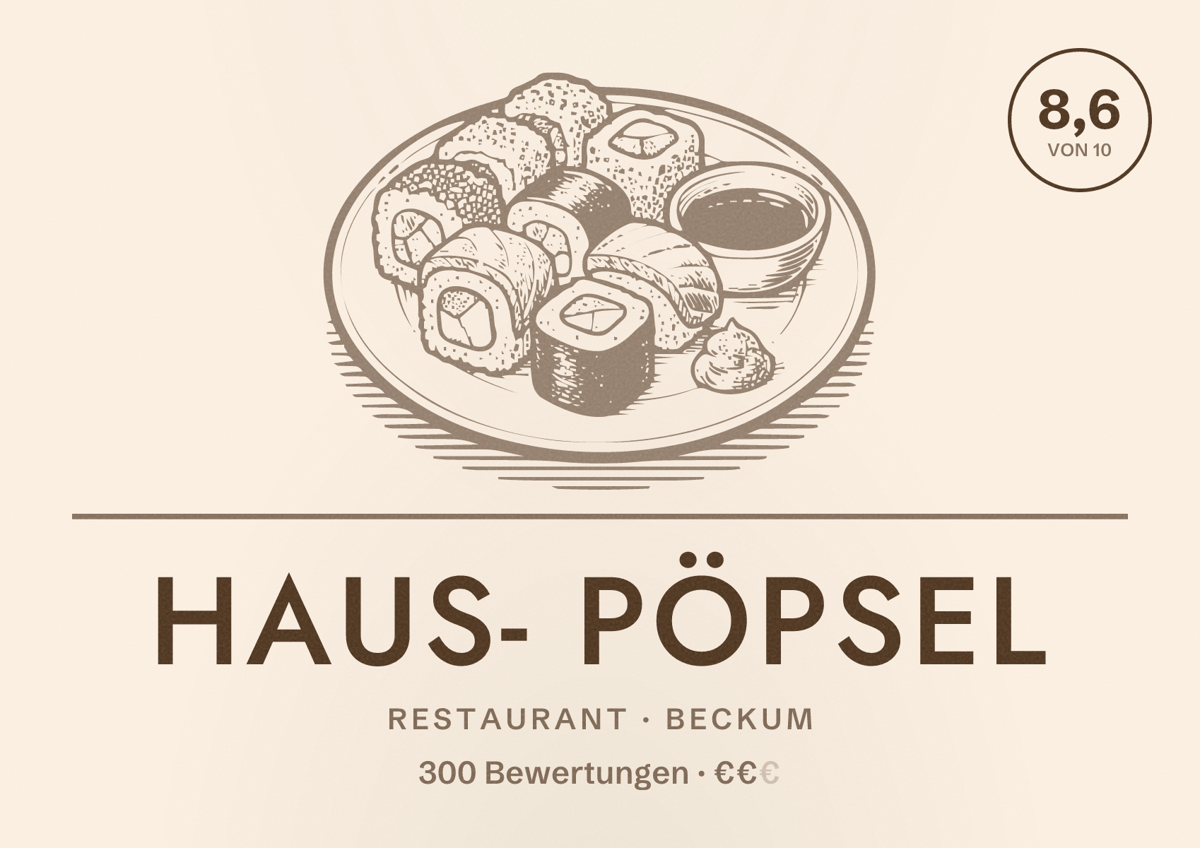Illustriertes Poster von Haus- Pöpsel, Restaurant in Beckum: Bewertung 8,6 von 10 aus 300 Bewertungen, Preisniveau €€
