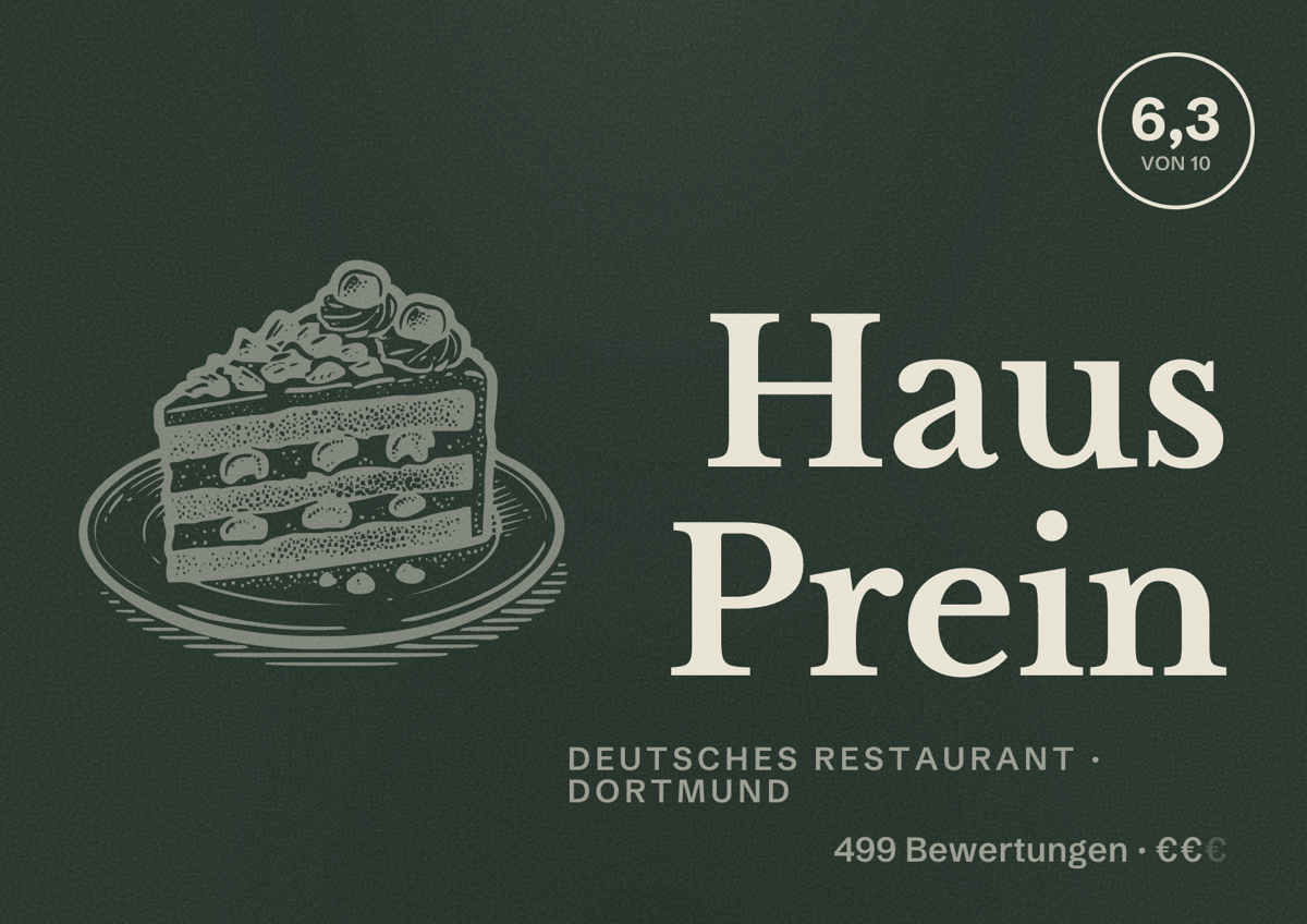 Illustriertes Poster von Haus Prein, Deutsches Restaurant in Dortmund: Gästebewertung 6,3 von 10 aus 499 Bewertungen