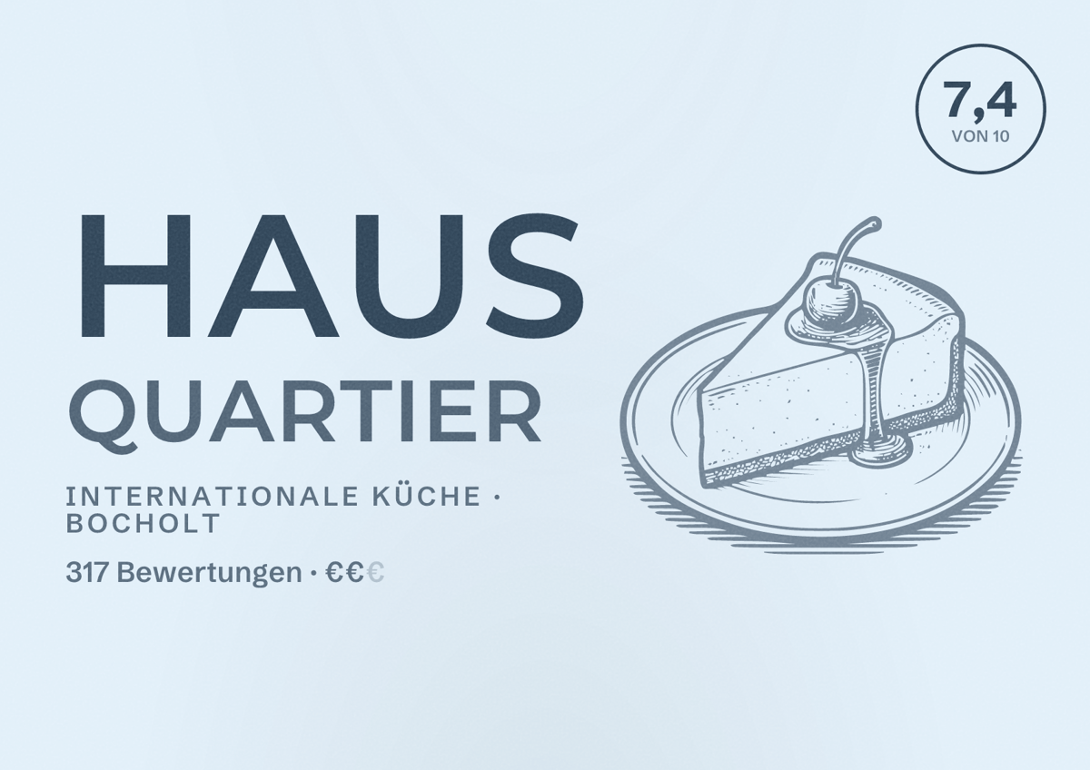 Illustriertes Poster von Haus Quartier, Internationale Küche in Bocholt: Bewertung 7,4 von 10 aus 317 Bewertungen, Preisniveau €€