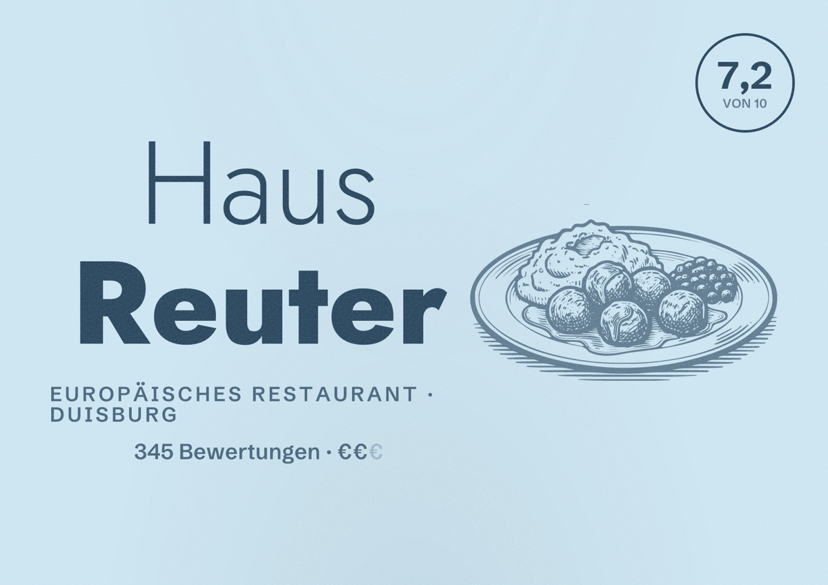 Illustriertes Poster von Haus Reuter, Europäisches Restaurant in Duisburg: Bewertung 7,2 von 10 aus 345 Bewertungen, Preisniveau €€