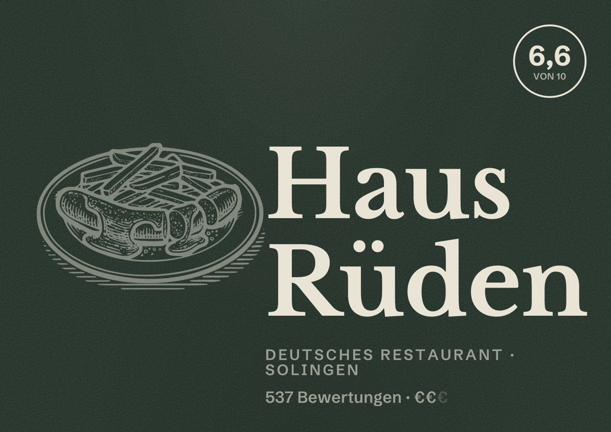 Illustriertes Poster von Haus Rüden, Deutsches Restaurant in Solingen: Bewertung 6,6 von 10 aus 537 Bewertungen, Preisniveau €€