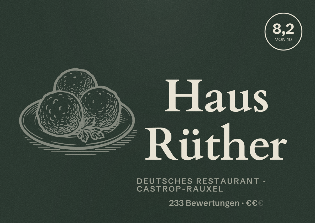 Illustriertes Poster von Haus Rüther, Deutsches Restaurant in Castrop-Rauxel: Bewertung 8,2 von 10 aus 233 Bewertungen, Preisniveau €€
