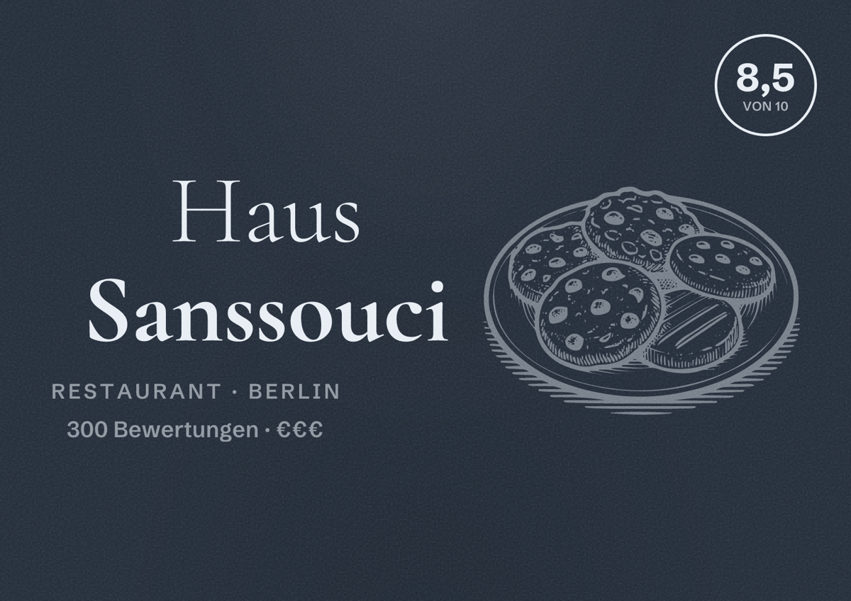 Illustriertes Poster von Haus Sanssouci, Restaurant in Berlin: Bewertung 8,5 von 10 aus 300 Bewertungen, Preisniveau €€€
