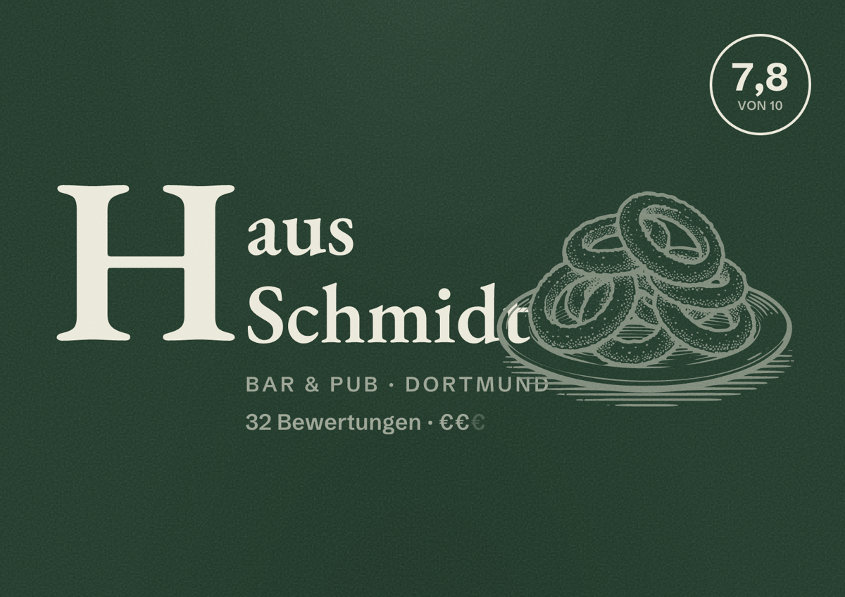 Illustriertes Poster von Haus Schmidt, Bar & Pub in Dortmund: Bewertung 7,8 von 10 aus 32 Bewertungen, Preisniveau €€