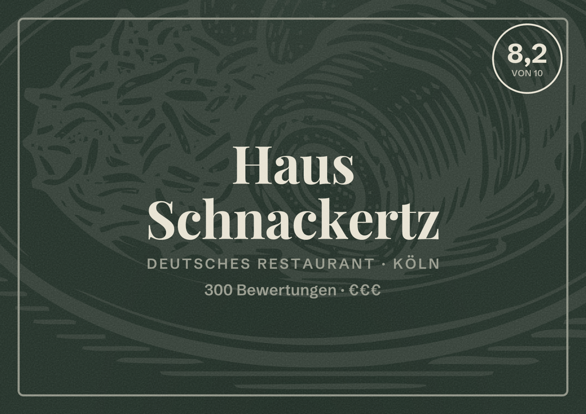 Illustriertes Poster von Haus Schnackertz, Deutsches Restaurant in Köln: Bewertung 8,2 von 10 aus 300 Bewertungen, Preisniveau €€€