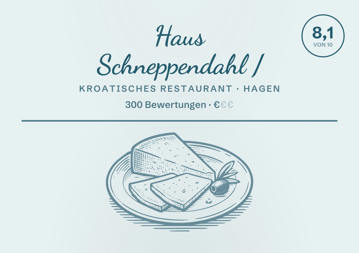 Illustriertes Poster von Haus Schneppendahl /, Kroatisches Restaurant in Hagen: Bewertung 8,1 von 10 aus 300 Bewertungen, Preisniveau €