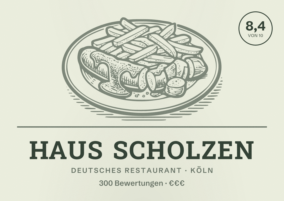 Illustriertes Poster von Haus Scholzen, Deutsches Restaurant in Köln: Bewertung 8,4 von 10 aus 300 Bewertungen, Preisniveau €€€