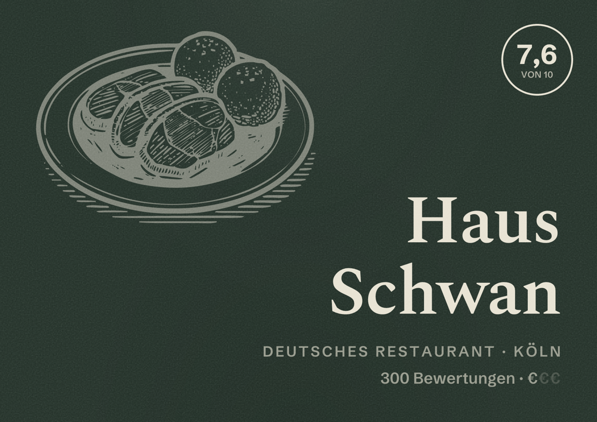 Illustriertes Poster von Haus Schwan, Deutsches Restaurant in Köln: Bewertung 7,6 von 10 aus 300 Bewertungen, Preisniveau €