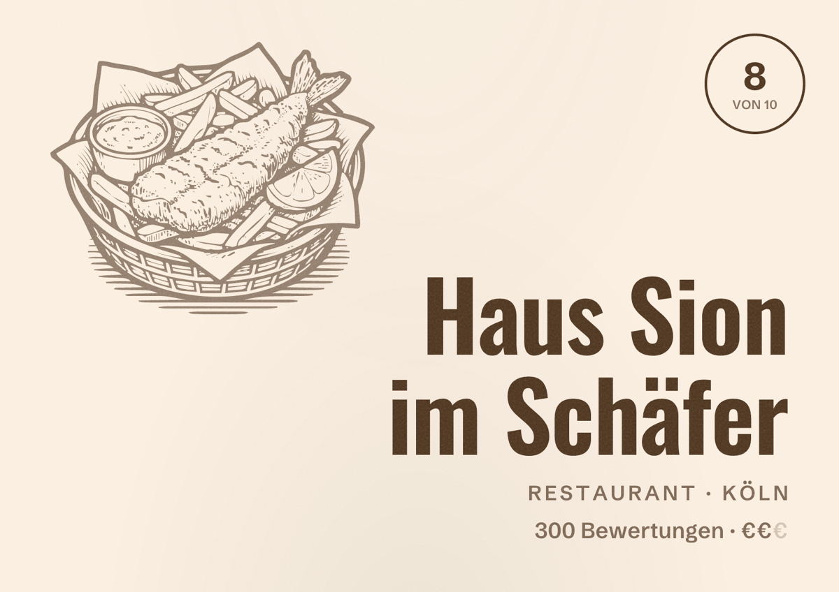 Illustriertes Poster von Haus Sion im Schäfer, Restaurant in Köln: Bewertung 8,0 von 10 aus 300 Bewertungen, Preisniveau €€