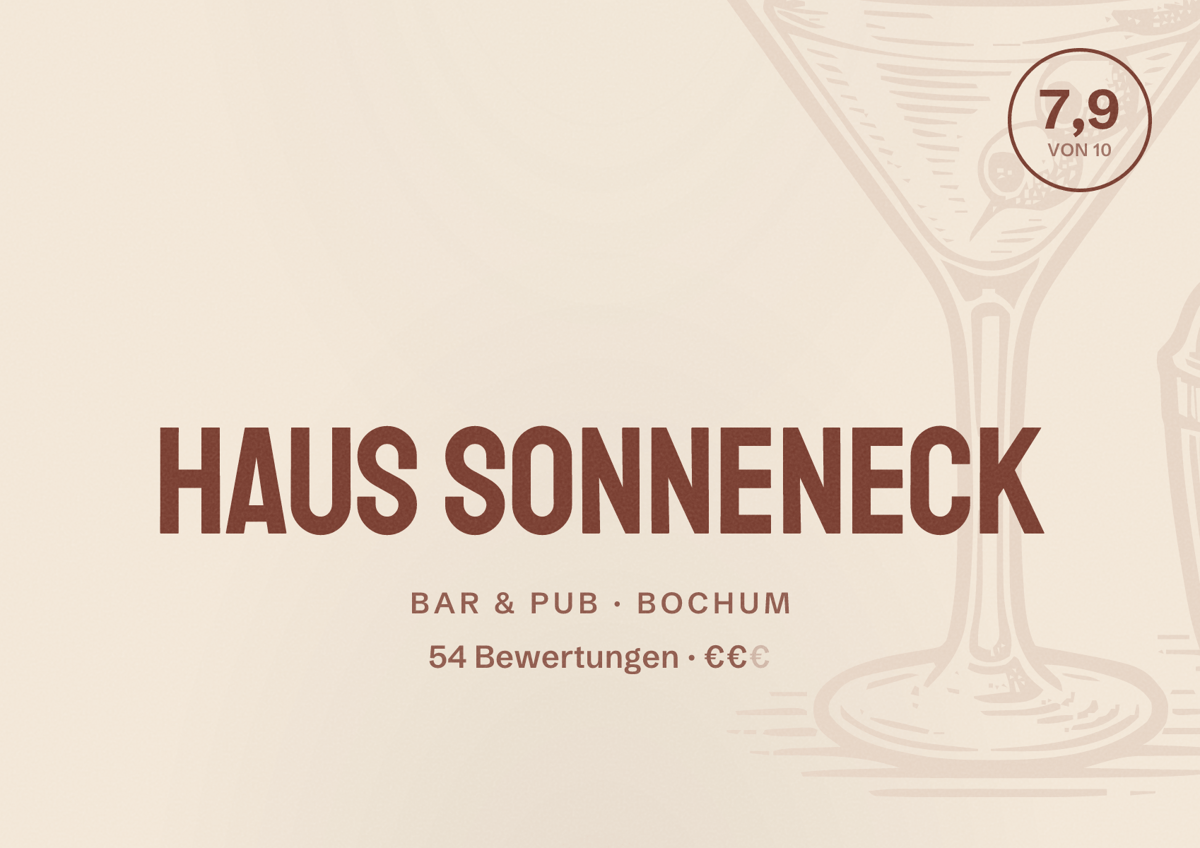 Illustriertes Poster von Haus Sonneneck, Bar & Pub in Bochum: Bewertung 7,9 von 10 aus 54 Bewertungen, Preisniveau €€