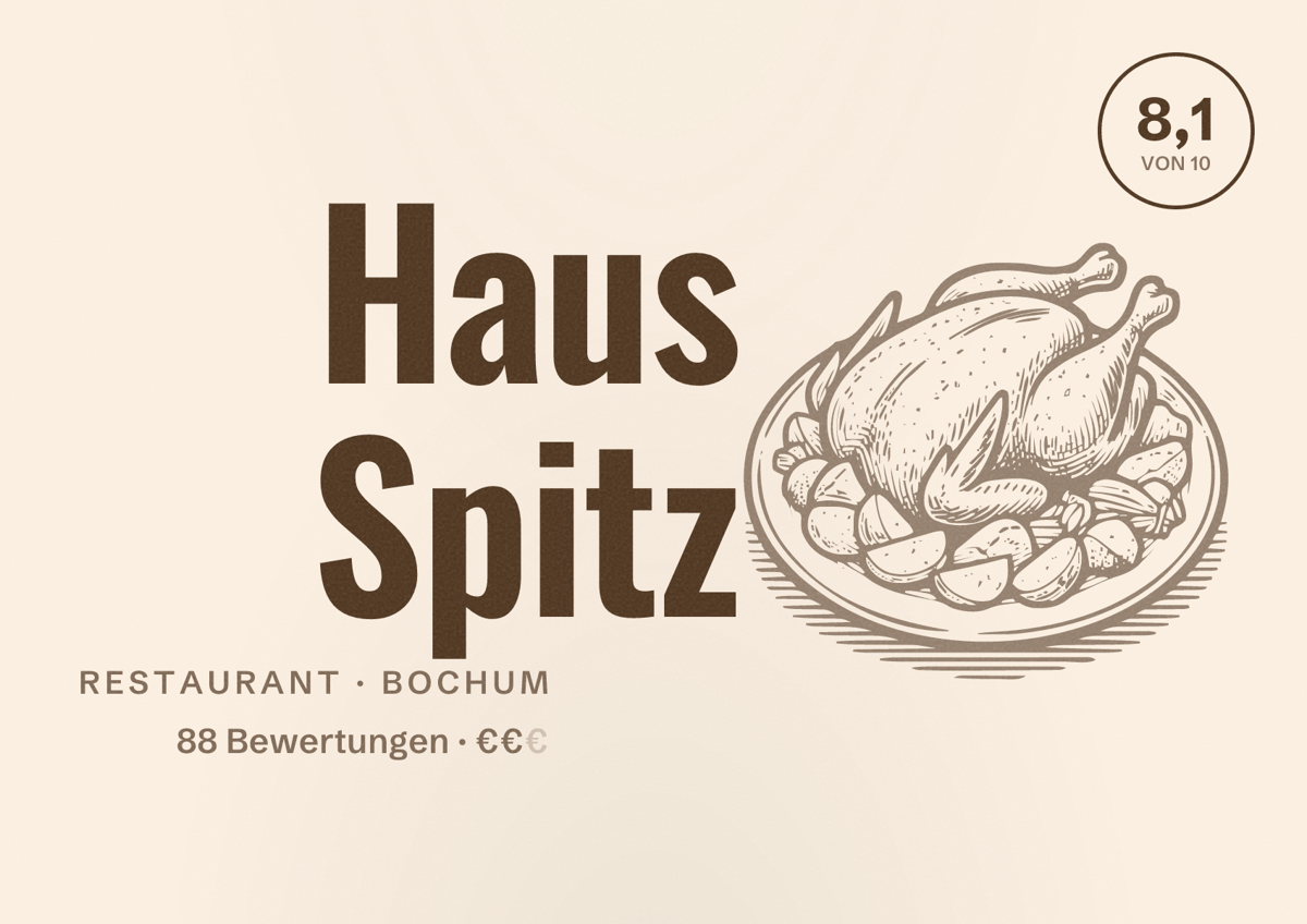 Illustriertes Poster von Haus Spitz, Restaurant in Bochum: Bewertung 8,1 von 10 aus 88 Bewertungen, Preisniveau €€