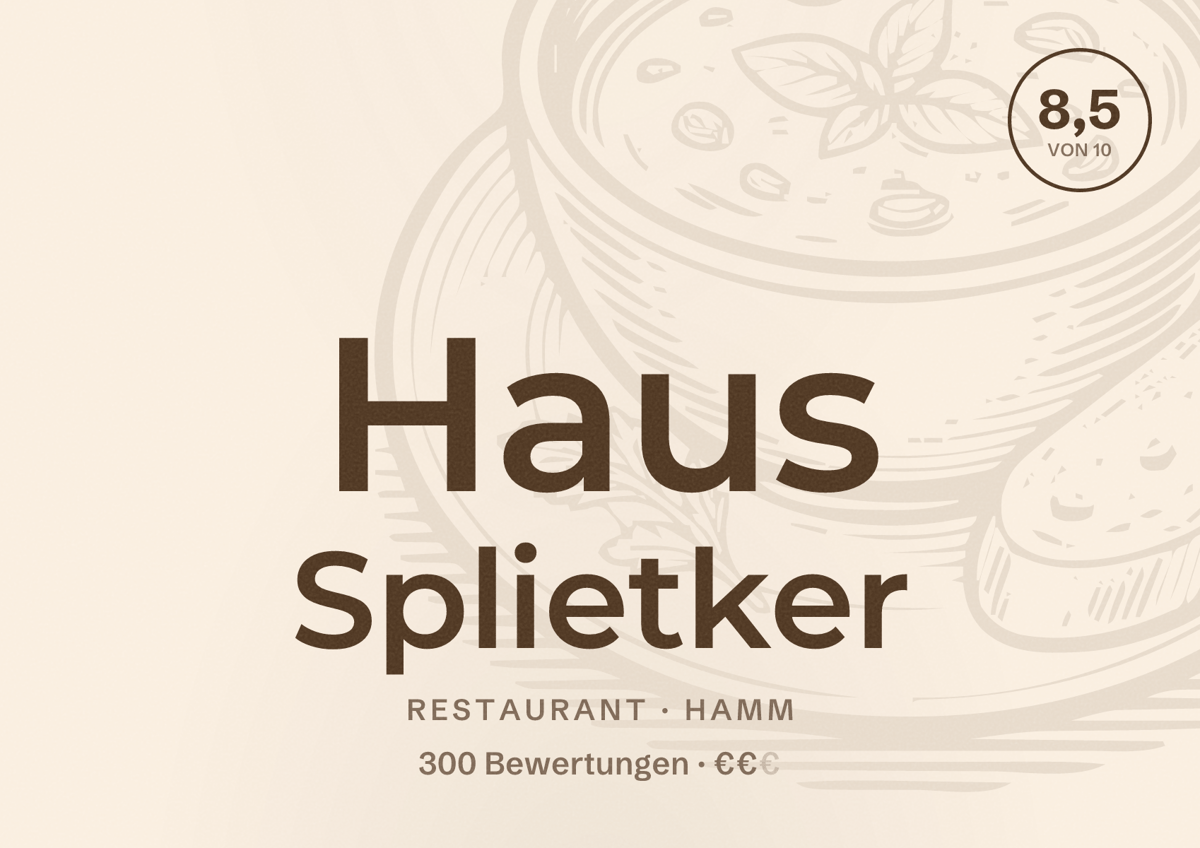 Illustriertes Poster von Haus Splietker, Restaurant in Hamm: Bewertung 8,5 von 10 aus 300 Bewertungen, Preisniveau €€