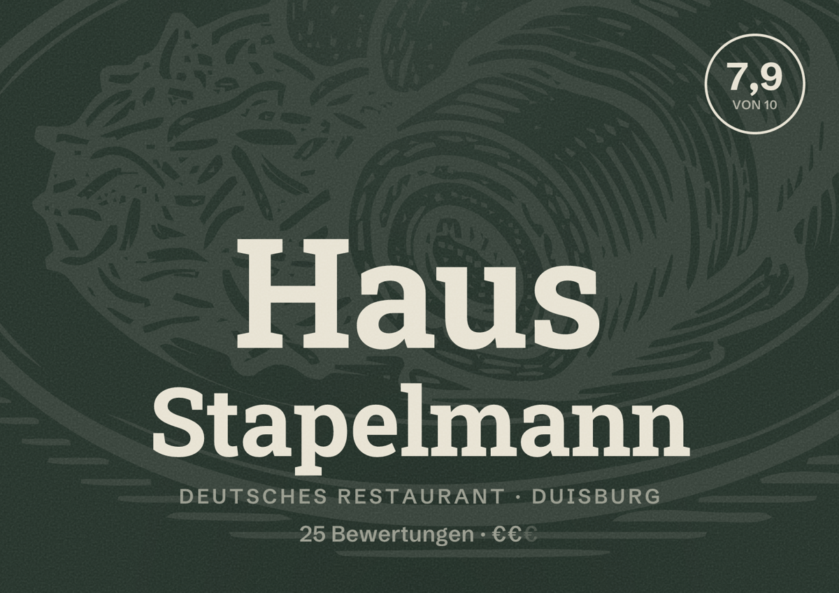 Illustriertes Poster von Haus Stapelmann, Deutsches Restaurant in Duisburg: Bewertung 7,9 von 10 aus 25 Bewertungen, Preisniveau €€
