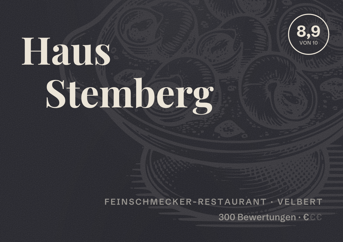 Illustriertes Poster von Haus Stemberg, Feinschmecker-Restaurant in Velbert: Bewertung 8,9 von 10 aus 300 Bewertungen, Preisniveau €