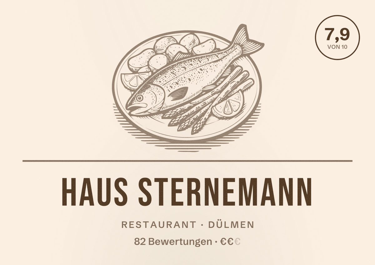 Illustriertes Poster von Haus Sternemann, Restaurant in Dülmen: Bewertung 7,9 von 10 aus 82 Bewertungen, Preisniveau €€
