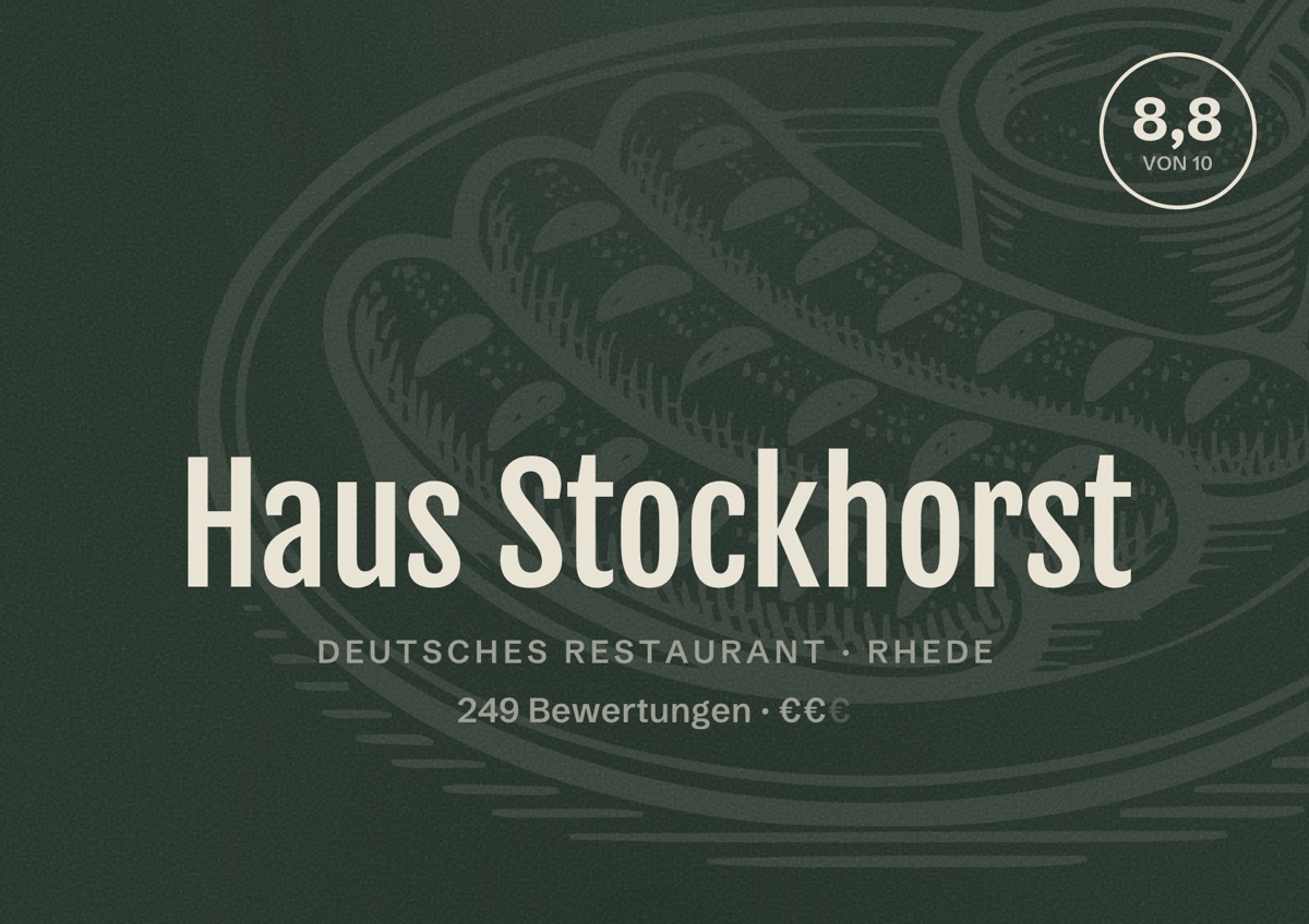 Illustriertes Poster von Haus Stockhorst, Deutsches Restaurant in Rhede: Gästebewertung 8,8 von 10 aus 249 Bewertungen