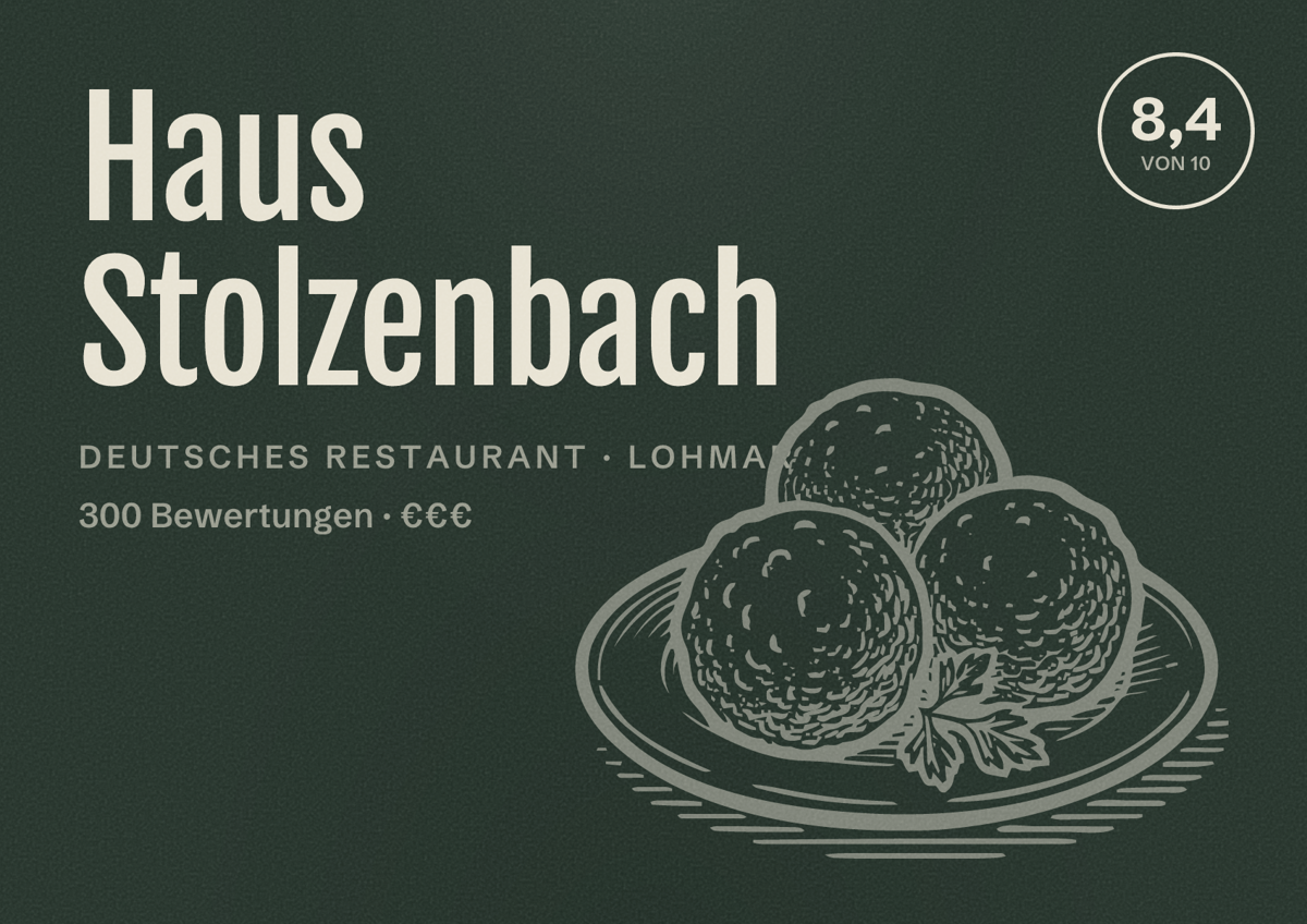 Illustriertes Poster von Haus Stolzenbach, Deutsches Restaurant in Lohmar: Bewertung 8,4 von 10 aus 300 Bewertungen, Preisniveau €€€