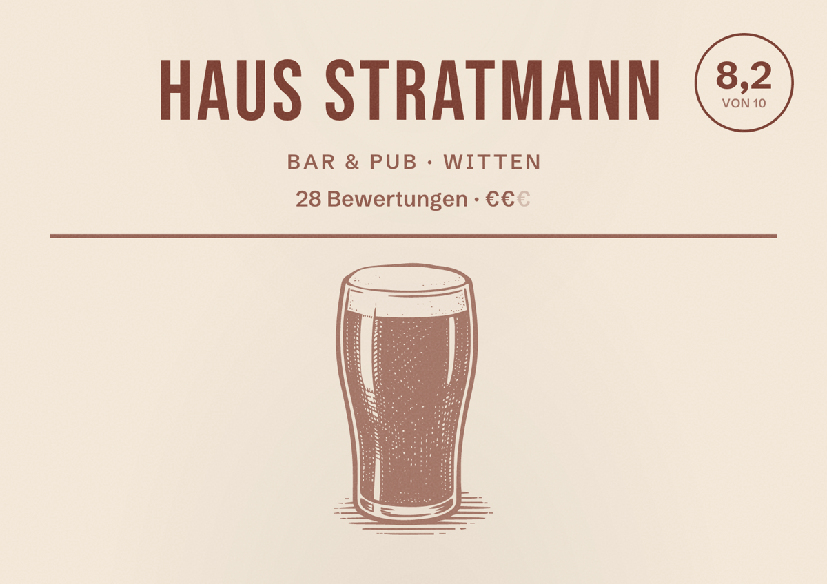 Illustriertes Poster von Haus Stratmann, Bar & Pub in Witten: Bewertung 8,2 von 10 aus 28 Bewertungen, Preisniveau €€