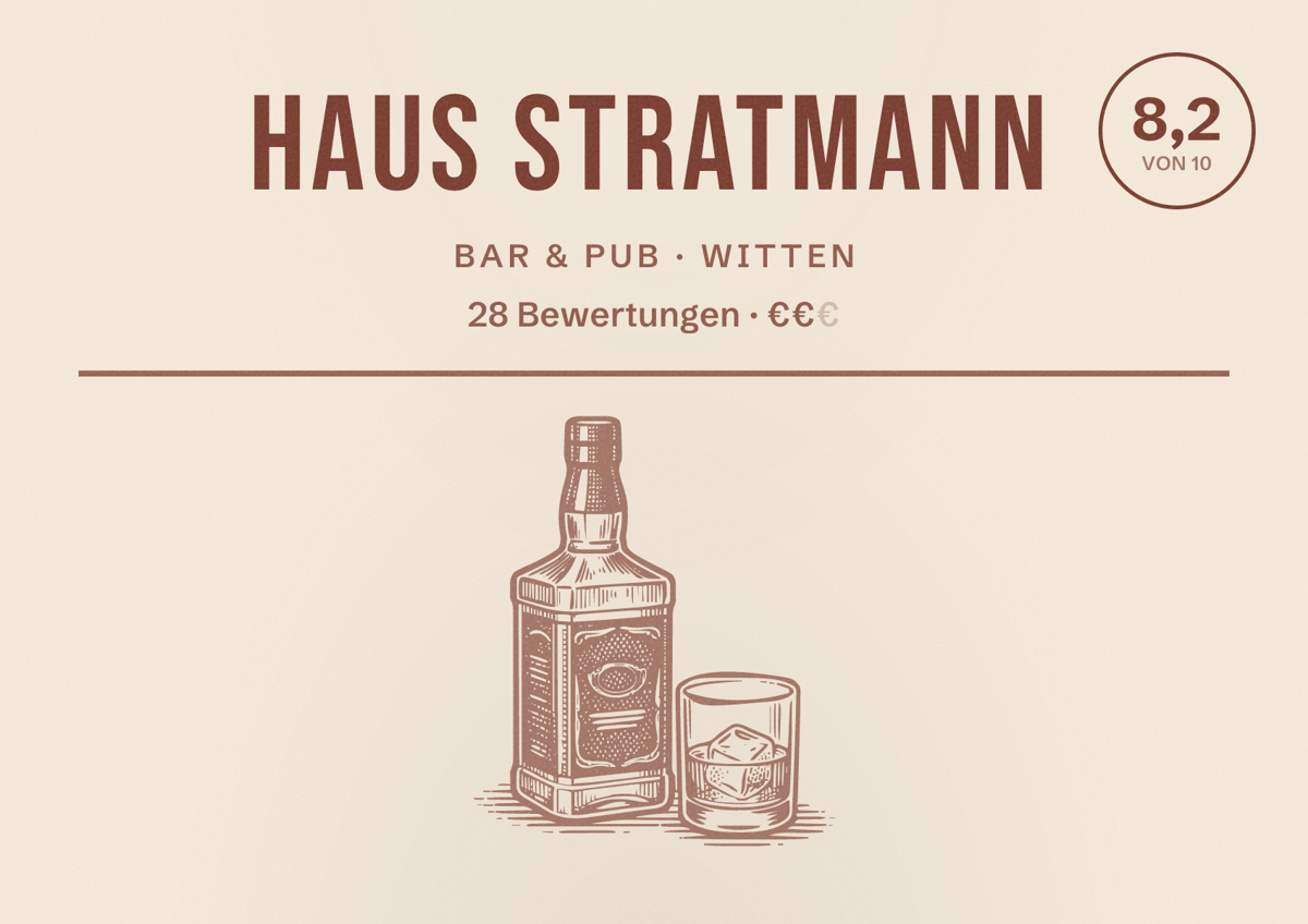 Illustriertes Poster von Haus Stratmann, Bar & Pub in Witten: Bewertung 8,2 von 10 aus 28 Bewertungen, Preisniveau €€