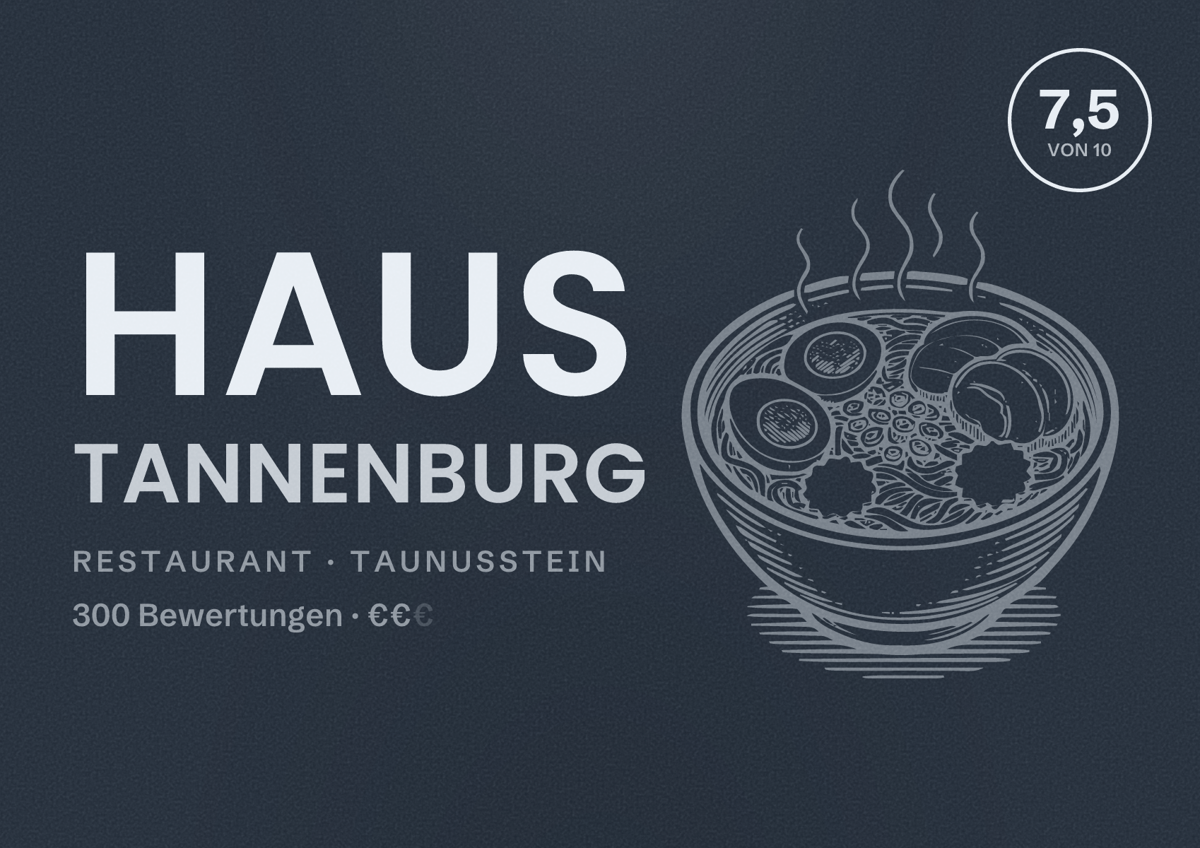 Illustriertes Poster von Haus Tannenburg, Restaurant in Taunusstein: Bewertung 7,5 von 10 aus 300 Bewertungen, Preisniveau €€