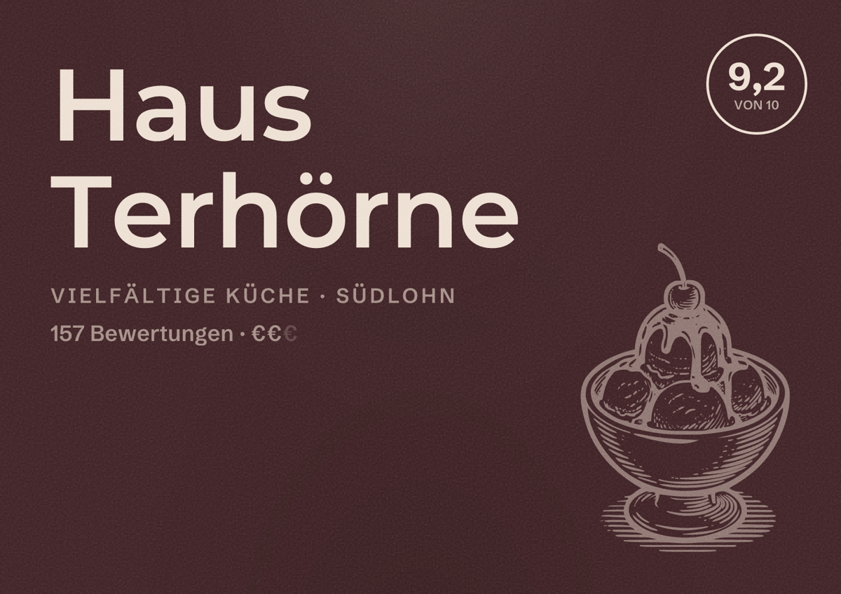 Illustriertes Poster von Haus Terhörne, Vielfältige Küche in Südlohn: Bewertung 9,2 von 10 aus 157 Bewertungen, Preisniveau €€