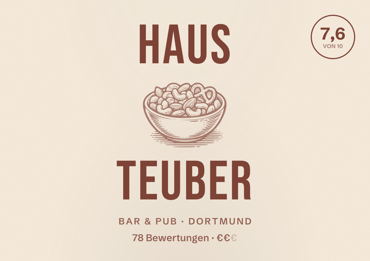 Illustriertes Poster von Haus Teuber, Bar & Pub in Dortmund: Bewertung 7,6 von 10 aus 78 Bewertungen, Preisniveau €€