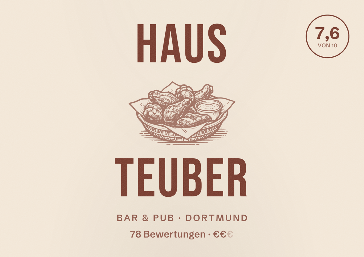 Illustriertes Poster von Haus Teuber, Bar & Pub in Dortmund: Bewertung 7,6 von 10 aus 78 Bewertungen, Preisniveau €€