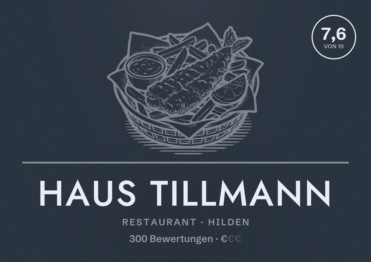 Illustriertes Poster von Haus Tillmann, Restaurant in Hilden: Bewertung 7,6 von 10 aus 300 Bewertungen, Preisniveau €