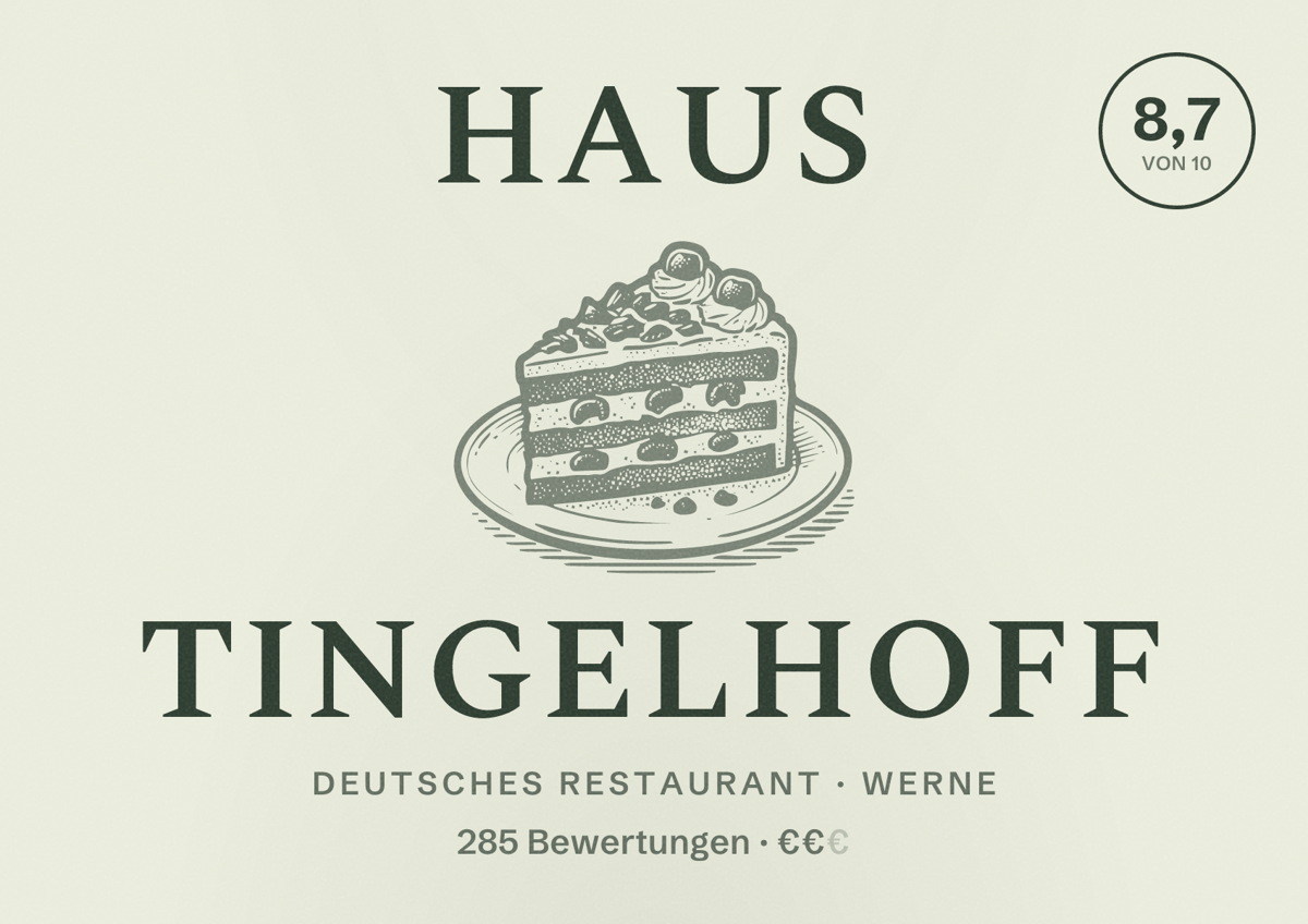 Illustriertes Poster von Haus Tingelhoff, Deutsches Restaurant in Werne: Bewertung 8,7 von 10 aus 285 Bewertungen, Preisniveau €€