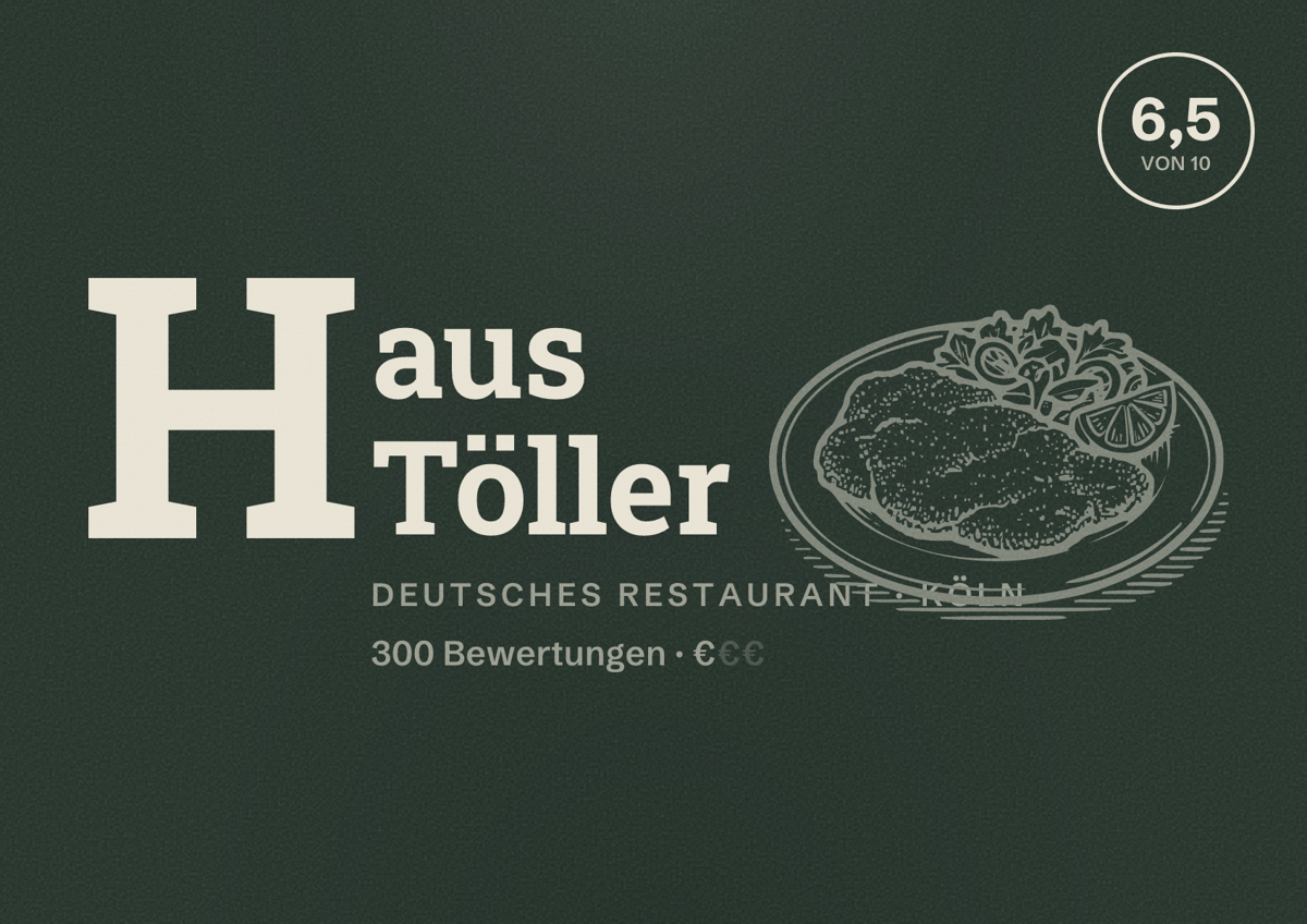 Illustriertes Poster von Haus Töller, Deutsches Restaurant in Köln: Bewertung 6,5 von 10 aus 300 Bewertungen, Preisniveau €