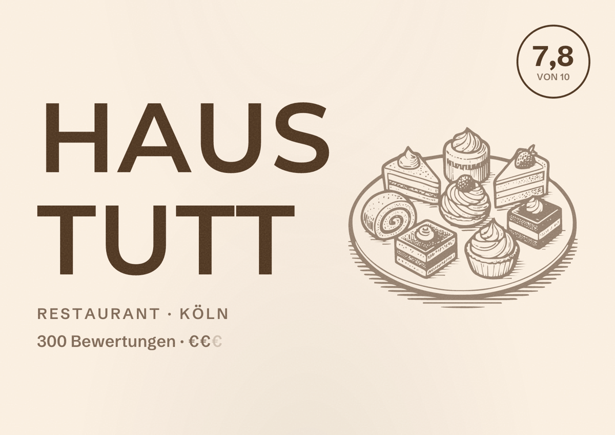 Illustriertes Poster von Haus Tutt, Restaurant in Köln: Bewertung 7,8 von 10 aus 300 Bewertungen, Preisniveau €€