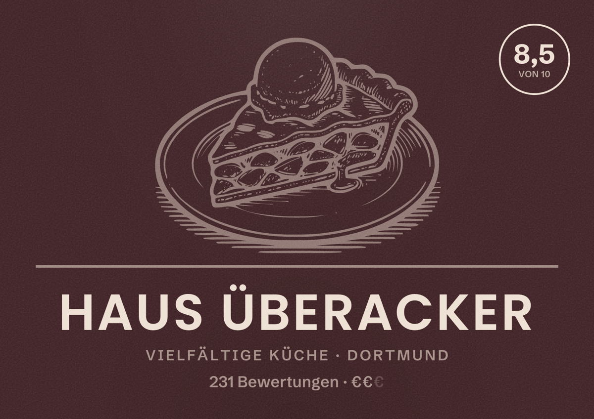 Illustriertes Poster von Haus Überacker, Vielfältige Küche in Dortmund: Bewertung 8,5 von 10 aus 231 Bewertungen, Preisniveau €€