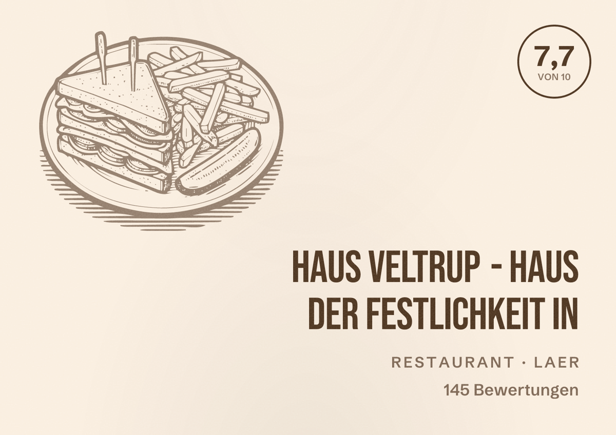 Illustriertes Poster von Haus Veltrup - Haus der Festlichkeit in, Restaurant in Laer: Bewertung 7,7 von 10 aus 145 Bewertungen