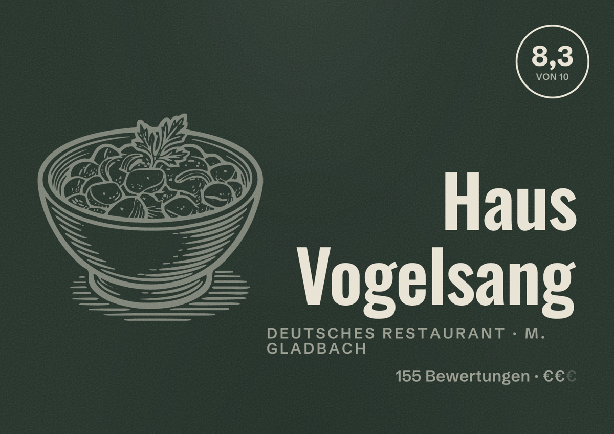 Illustriertes Poster von Haus Vogelsang, Deutsches Restaurant in M. Gladbach: Bewertung 8,3 von 10 aus 155 Bewertungen, Preisniveau €€