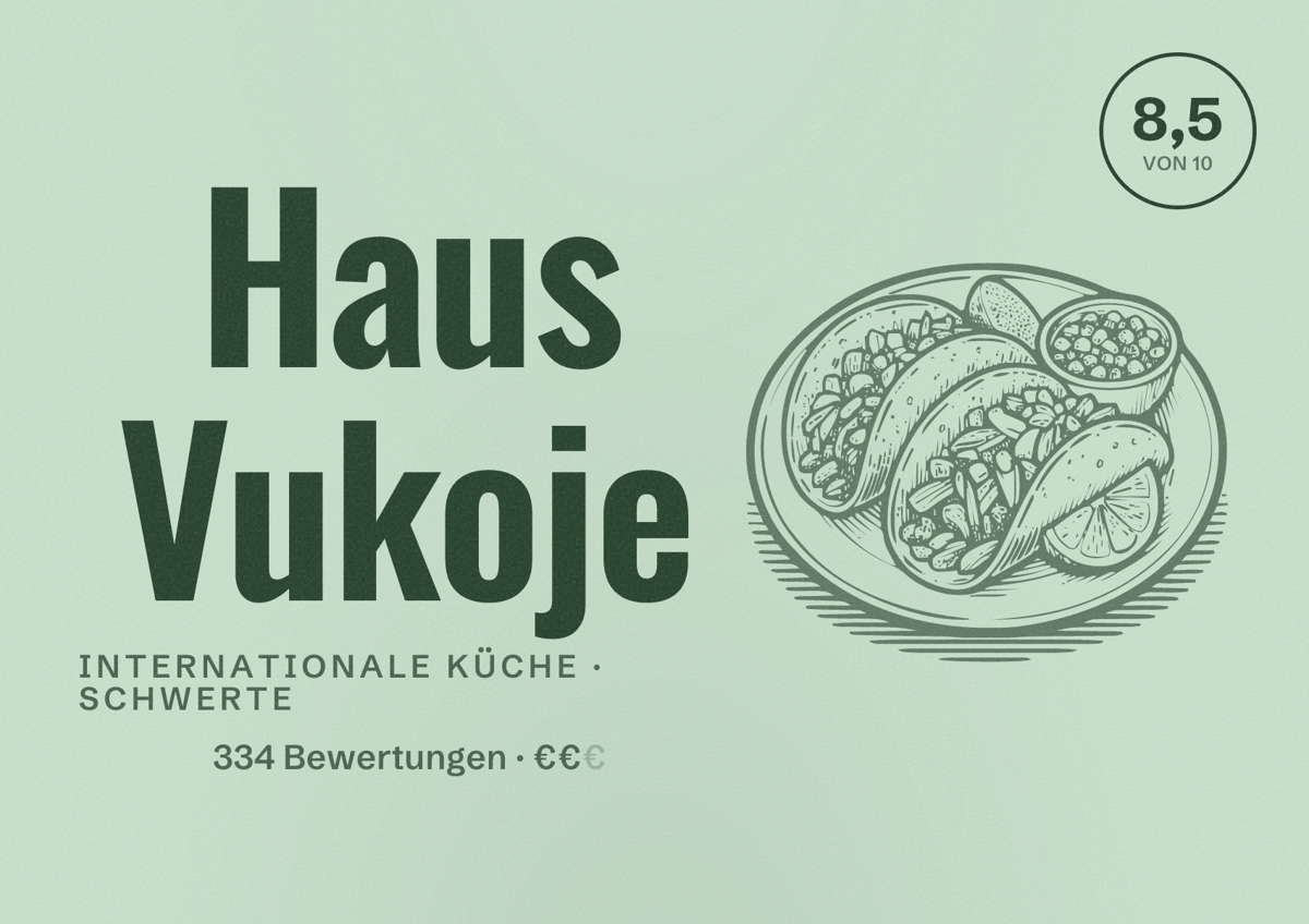 Illustriertes Poster von Haus Vukoje, Internationale Küche in Schwerte: Bewertung 8,5 von 10 aus 334 Bewertungen, Preisniveau €€