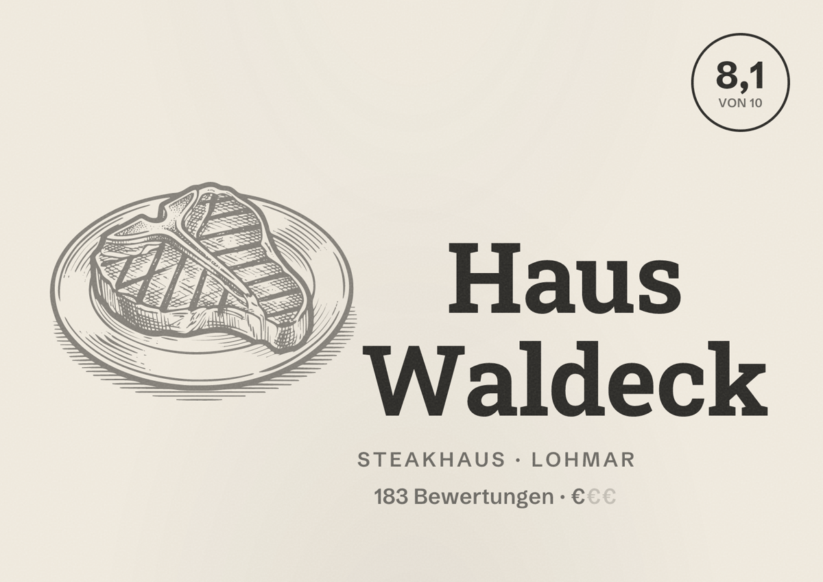 Illustriertes Poster von Haus Waldeck, Steakhaus in Lohmar: Bewertung 8,1 von 10 aus 183 Bewertungen, Preisniveau €