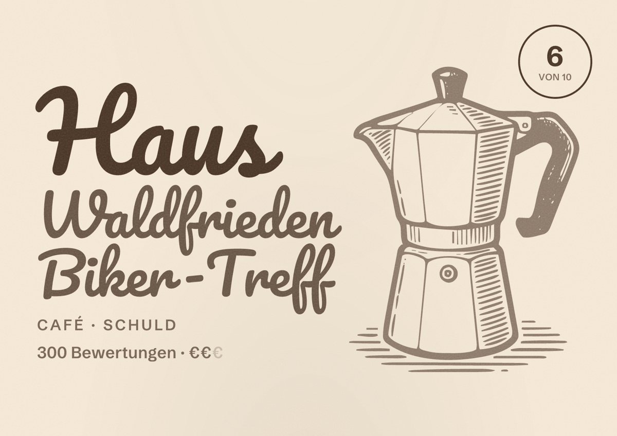Illustriertes Poster von Haus Waldfrieden Biker-Treff, Café in Schuld: Bewertung 6 von 10 aus 300 Bewertungen, Preisniveau €€