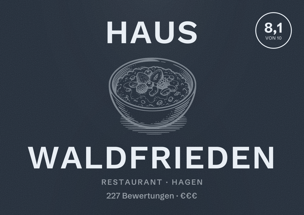 Illustriertes Poster von Haus Waldfrieden, Restaurant in Hagen: Bewertung 8,1 von 10 aus 227 Bewertungen, Preisniveau €€€