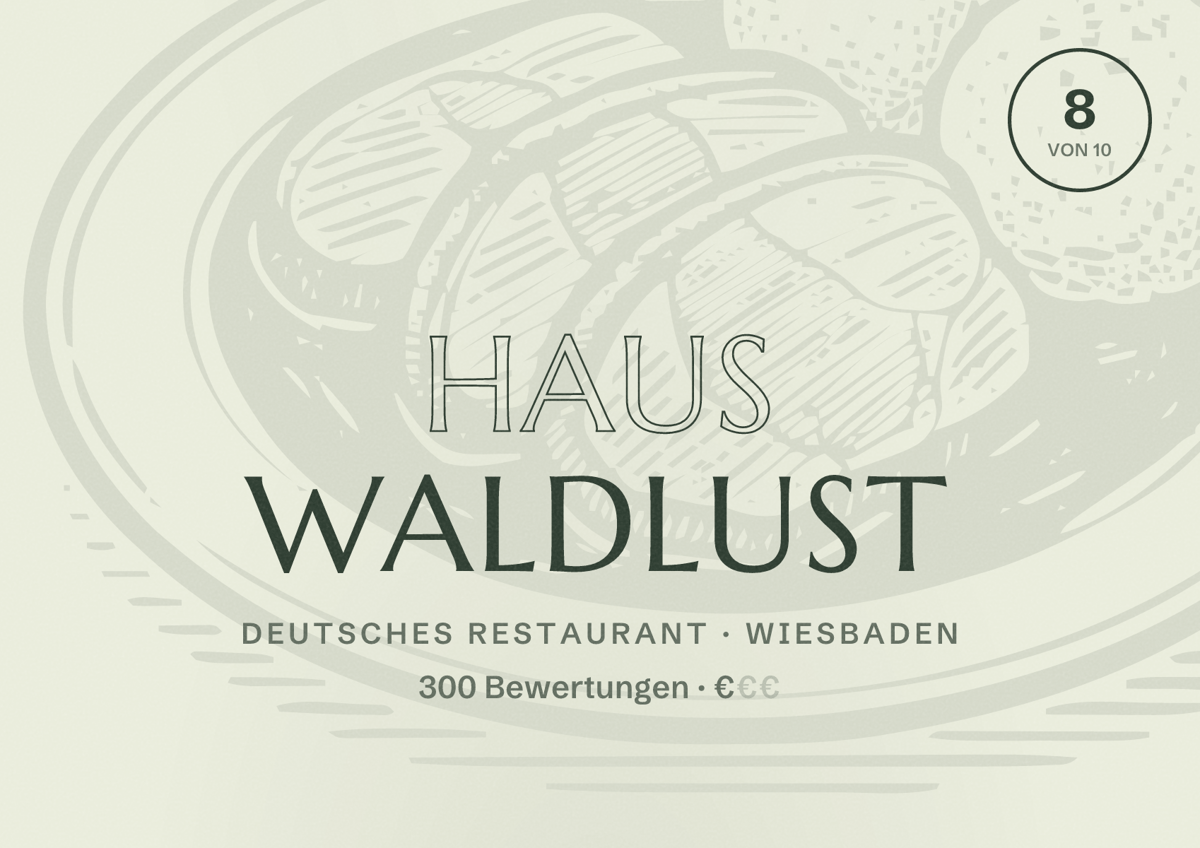 Illustriertes Poster von Haus Waldlust, Deutsches Restaurant in Wiesbaden: Bewertung 8,0 von 10 aus 300 Bewertungen, Preisniveau €