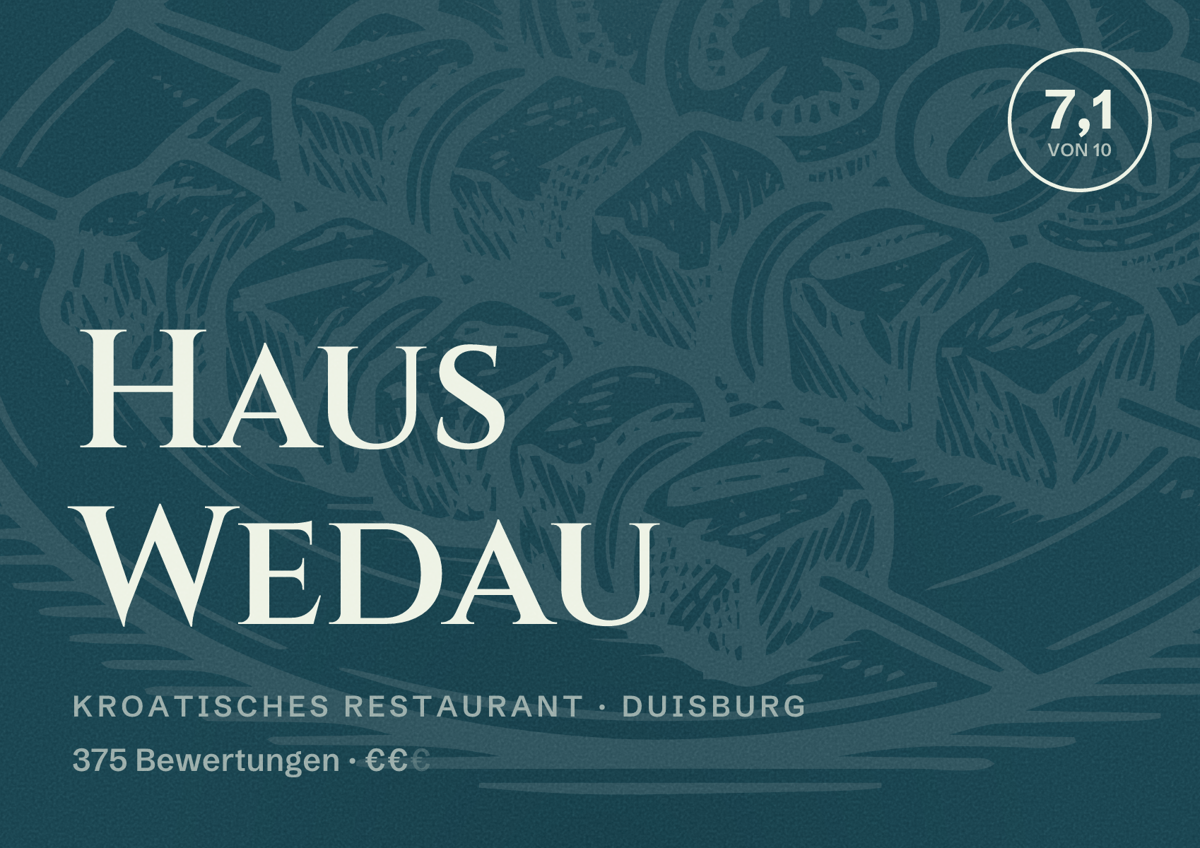 Illustriertes Poster von Haus Wedau, Kroatisches Restaurant in Duisburg: Bewertung 7,1 von 10 aus 375 Bewertungen, Preisniveau €€