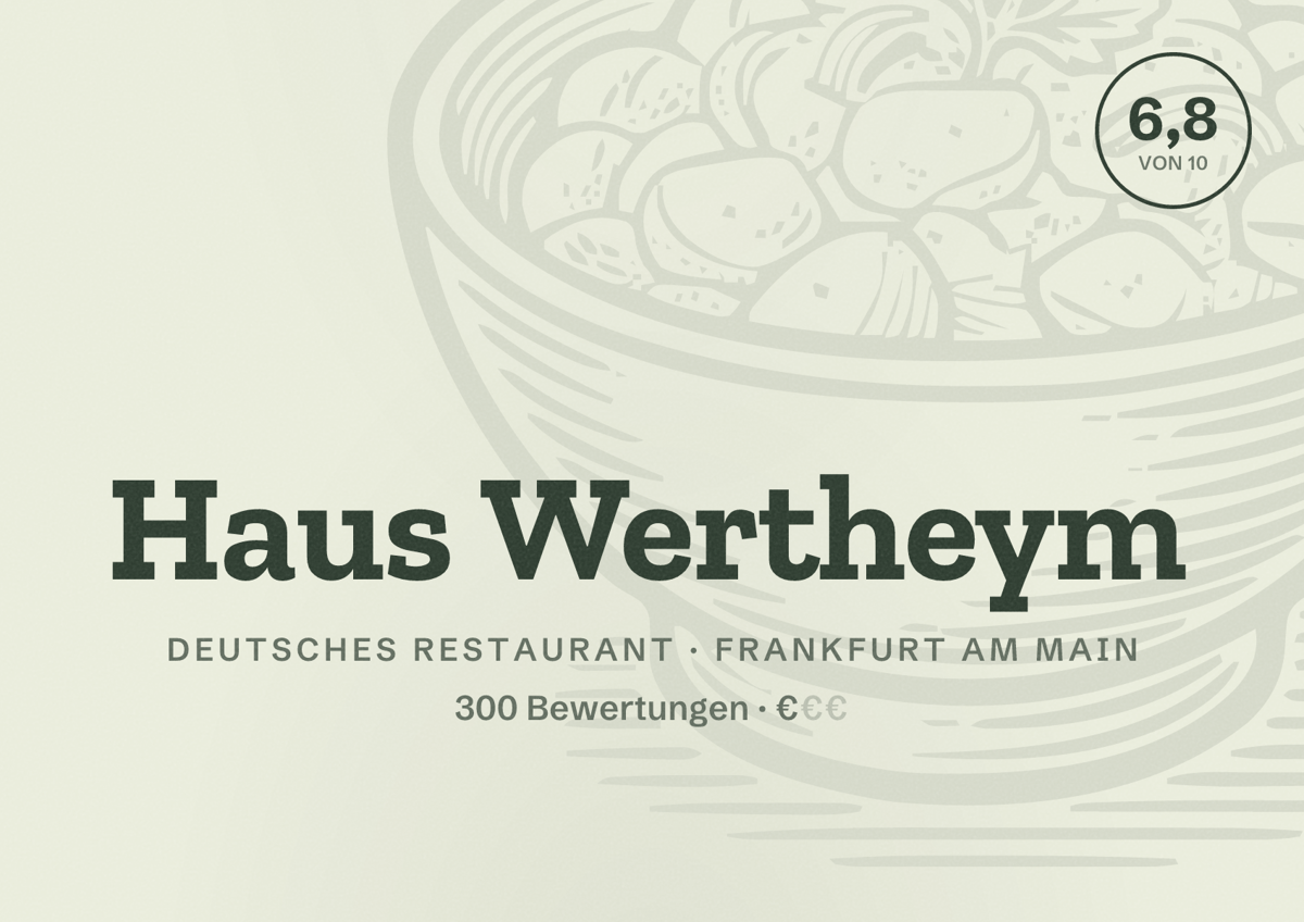 Illustriertes Poster von Haus Wertheym, Deutsches Restaurant in Frankfurt am Main: Bewertung 6,8 von 10 aus 300 Bewertungen, Preisniveau €